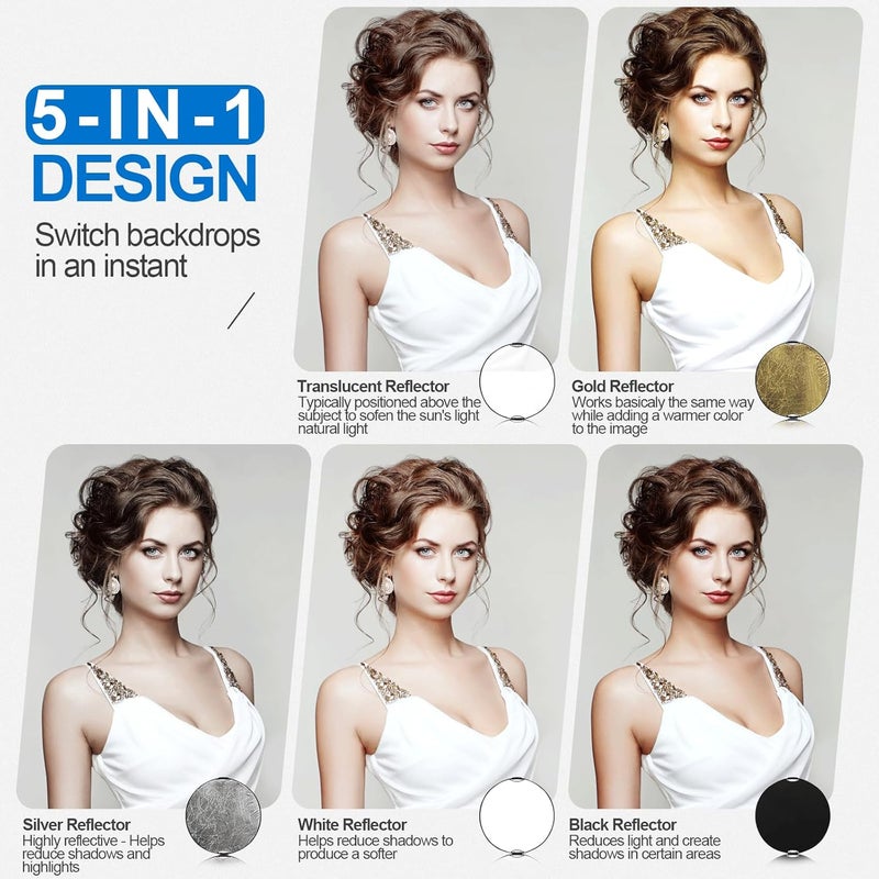 Wellmaking 43Inch/110cm Photography Light Reflector, Portable Foldable 5 in 1 Diffuser Reflectors with Bag & tilt Adapter for Studio & Outdoor Lighting-Translucent, Silver, Gold, White and Black - Image 2